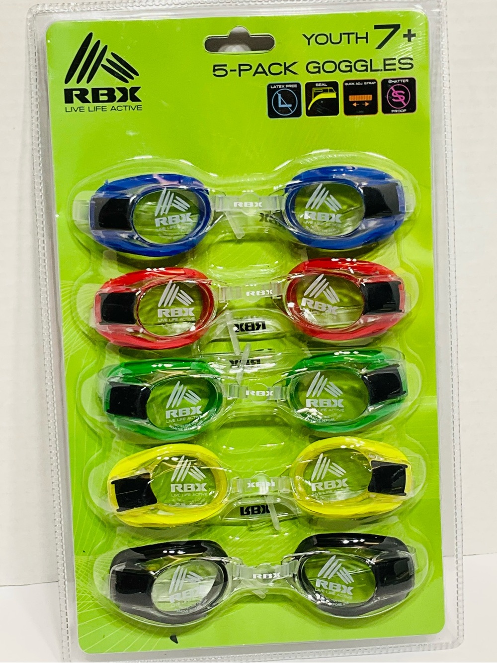 NEW RBX 5-Pack Youth Swim Goggles - Blue, Red, Green, Yellow, Black | Pool Beach
